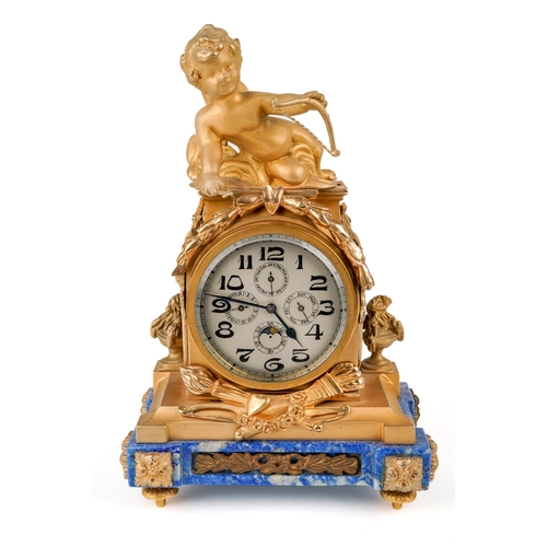 673 - A Swiss eight day calendar and moon phase time piece / clock, with ormolu cherub, Lapis Lazuli base,... 