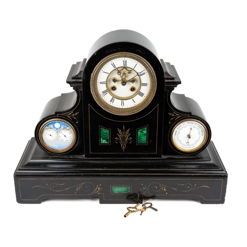 680 - A black slate Brocot mantle with calendar and barometer, Malachite inlay, approx 44cm long x 35cm hi... 