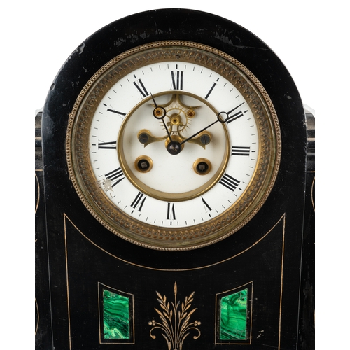 680 - A black slate Brocot mantle with calendar and barometer, Malachite inlay, approx 44cm long x 35cm hi... 