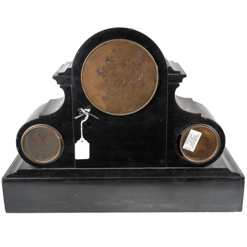 680 - A black slate Brocot mantle with calendar and barometer, Malachite inlay, approx 44cm long x 35cm hi... 