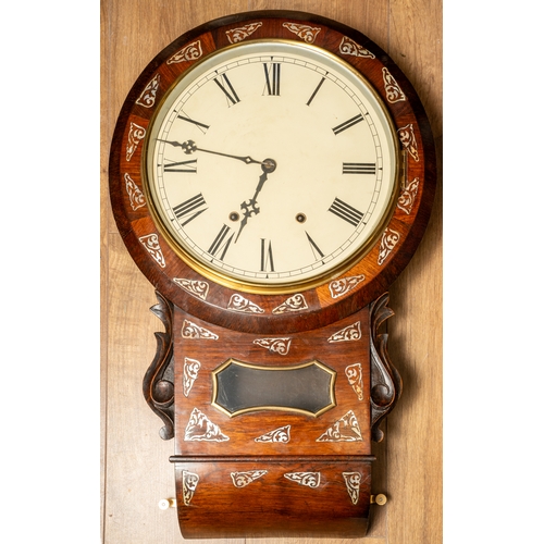 685 - An American drop dial striking wall clock, with mother of pearl inlay, approx 60cm long