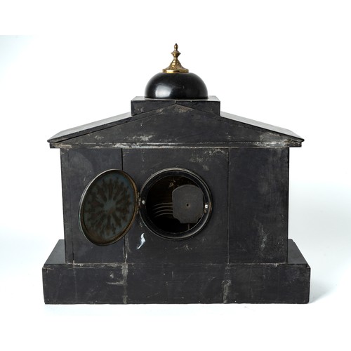 692 - A late 19th century French black slate mantle clock, circular enamel chapter ring with Arabic numera... 