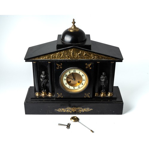 692 - A late 19th century French black slate mantle clock, circular enamel chapter ring with Arabic numera... 