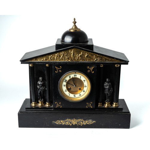 692 - A late 19th century French black slate mantle clock, circular enamel chapter ring with Arabic numera... 