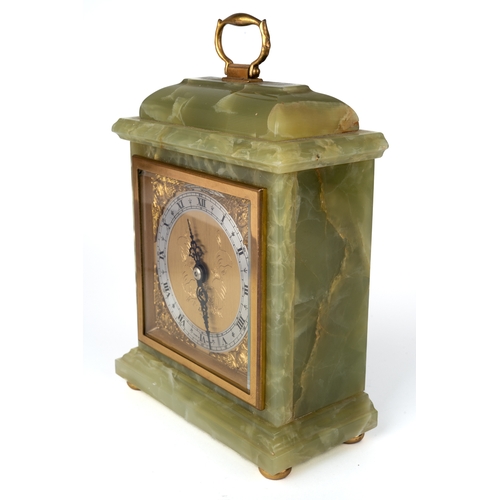 696 - An Elliott of London mantle clock, green onyx body. Approx. 18 cm tall.