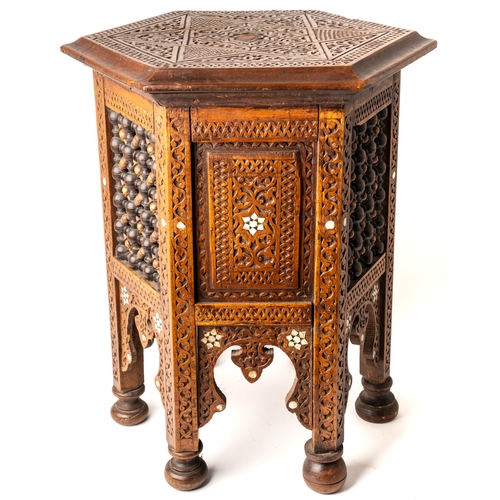 702 - Antique Liberty type Middle eastern Syrian hexagonal side table  ( 47 cm tall. 34 cm across ).