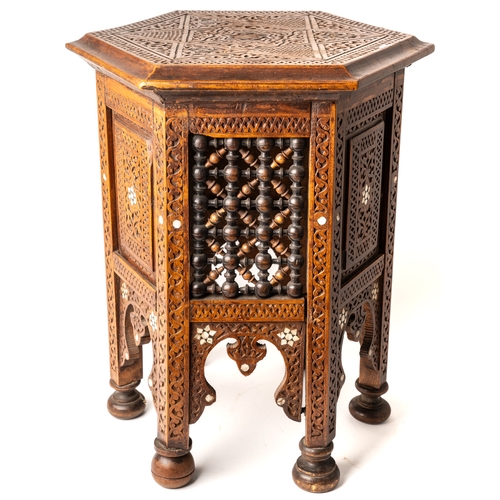 702 - Antique Liberty type Middle eastern Syrian hexagonal side table  ( 47 cm tall. 34 cm across ).