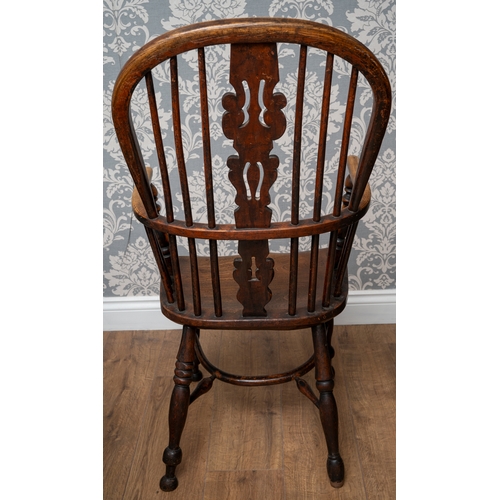 704 - Late 18th/early 19th century oak Windsor chair with Elm seat, the shaped back with spindles and pier... 