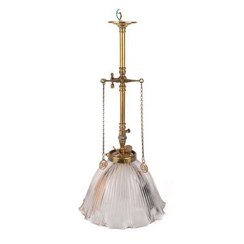 623 - An antique converted brass pendant gas lamp original Holophane glass shade, rewired. The lamp has be... 