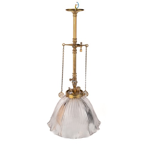 623 - An antique converted brass pendant gas lamp original Holophane glass shade, rewired. The lamp has be... 