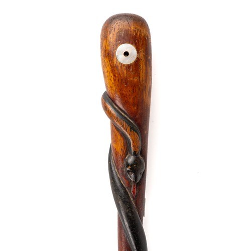 327 - A Georgian folk art walking stick/cane, carved with a snake, 86.5cm long