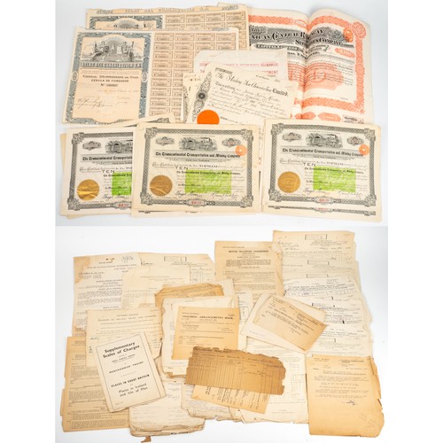 267 - A collection of antique train railway bonds and 1930s southern railway documents, quantity.