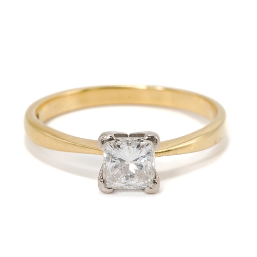 12 - An 18ct yellow gold and diamond solitaire ring, set with a princess cut diamond, approx 4.5 x 4.4mm,... 