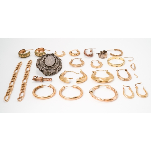 15 - A collection of 9ct gold, including earrings, broken chain and earrings, total gross weight approx 8... 