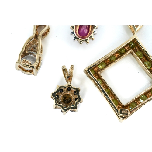 16 - A collection of gem-set pendants, including sapphire, ruby, CZ, etc, stamped 375, together with an u... 