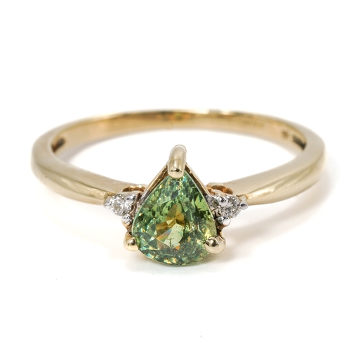 20 - A 9ct yellow gold green stone and diamond ring, size N1/2, total gross weight approx 1.9g