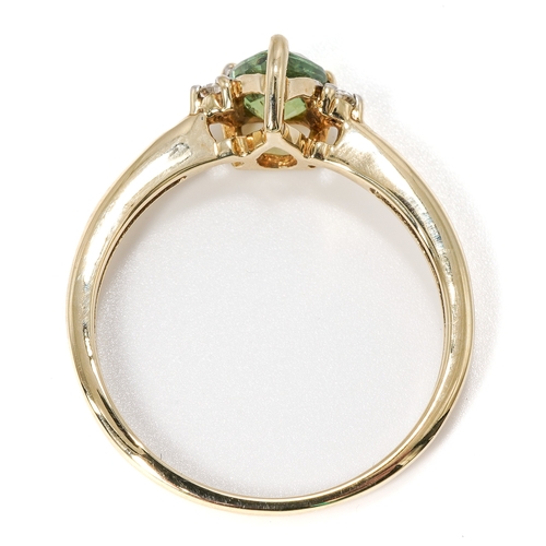 20 - A 9ct yellow gold green stone and diamond ring, size N1/2, total gross weight approx 1.9g