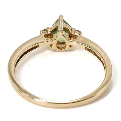 20 - A 9ct yellow gold green stone and diamond ring, size N1/2, total gross weight approx 1.9g