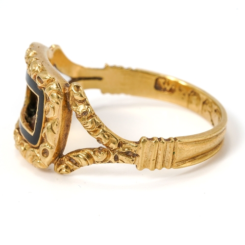 23 - A George III 18ct gold and enamel memorial ring, the central cartouche with black enamel border, fol... 