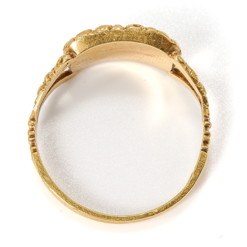 23 - A George III 18ct gold and enamel memorial ring, the central cartouche with black enamel border, fol... 