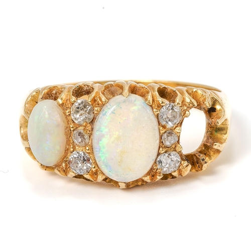 24 - An 18ct yellow gold opal and diamond ring, set with oval cabochon opals (one missing) and small old-... 