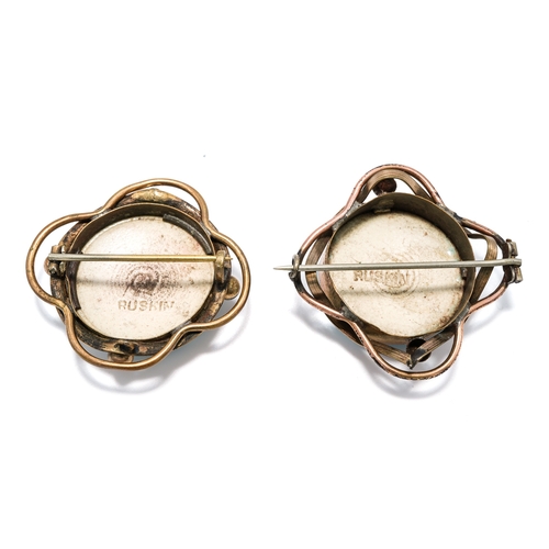 28 - Two early 20th Century Ruskin cabochon brooches, in gilt metal mounts, stamped to reverse 'RUSKIN', ... 