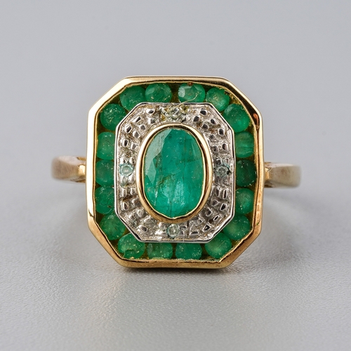 29 - A 9ct yellow gold emerald and diamond dress ring, in the Art Deco style, size L, total gross weight ... 