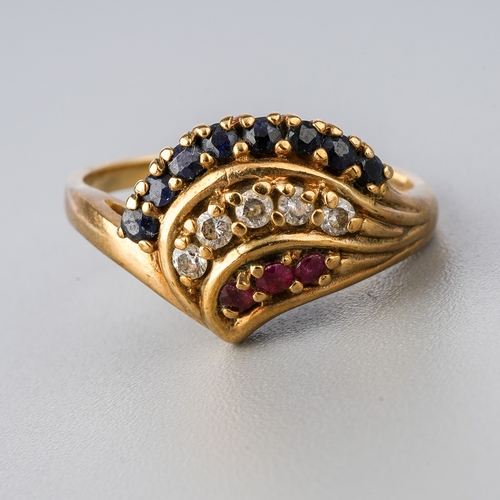 34 - A 9ct yellow gold ruby diamond and sapphire ring, size M1/2, total gross weight approx 3.1g