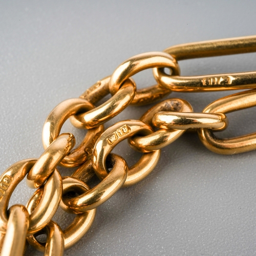 39 - An 18ct yellow gold bracelet, converted from a watch chain, with a 9ct gold padlock clasp, total gro... 