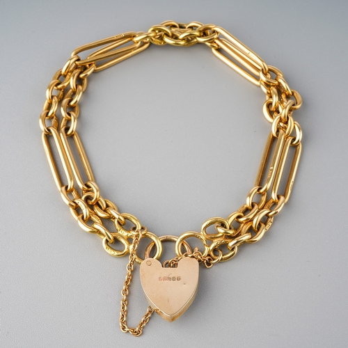 39 - An 18ct yellow gold bracelet, converted from a watch chain, with a 9ct gold padlock clasp, total gro... 