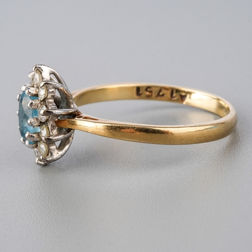 51 - A 9ct yellow gold aquamarine and diamond cluster ring, size Q, total gross weight approx 2.6g