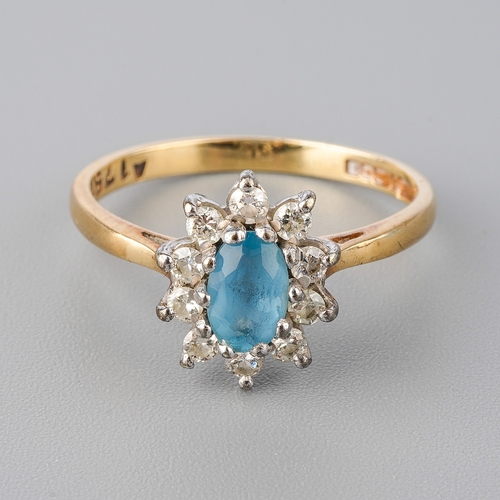 51 - A 9ct yellow gold aquamarine and diamond cluster ring, size Q, total gross weight approx 2.6g