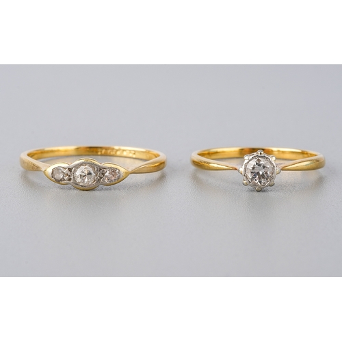 52 - An 18ct yellow gold and diamond three-stone ring, size N1/2, total gross weight approx 1.5g; togethe... 