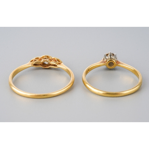 52 - An 18ct yellow gold and diamond three-stone ring, size N1/2, total gross weight approx 1.5g; togethe... 