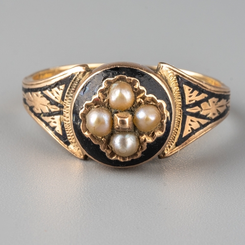 55 - A mid-Victorian 9ct yellow gold, black enamel and pearl mourning ring, the round head set with four ... 