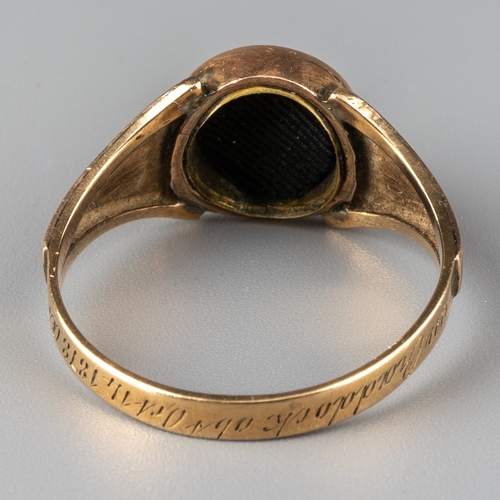 55 - A mid-Victorian 9ct yellow gold, black enamel and pearl mourning ring, the round head set with four ... 