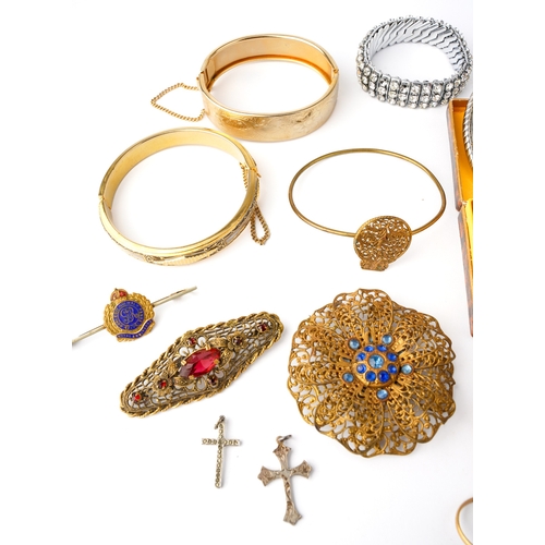 59 - A collection of costume jewellery including a yellow gold cross pendant, indistinctly marked assesse... 