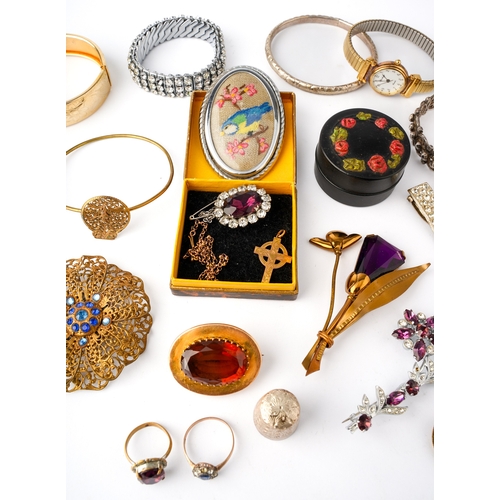 59 - A collection of costume jewellery including a yellow gold cross pendant, indistinctly marked assesse... 