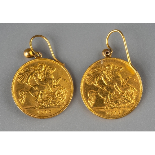 61 - A pair of 1912 half sovereigns mounted as earrings, with hook fittings, total gross weight approx 8.... 