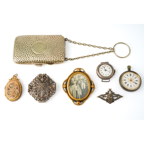 65 - A Swiss 800 silver ladies fob watch; a silver wristwatch case (no strap); a silver brooch; a gilt me... 