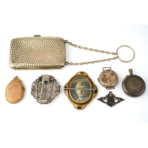 65 - A Swiss 800 silver ladies fob watch; a silver wristwatch case (no strap); a silver brooch; a gilt me... 