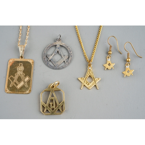 67 - Masonic Interest - a 9ct gold pendant on chain, gross weight approx 6.3g; gold plated pendants on ch... 