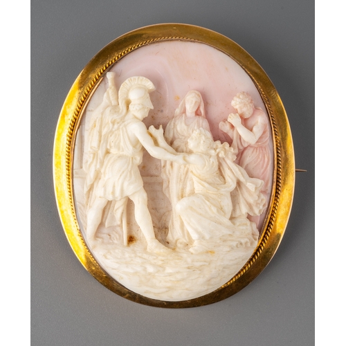 69 - A 19th century conch shell cameo brooch, carved depicting a Roman soldier and figures, in a 9ct yell... 