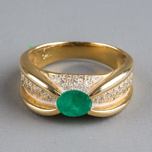 78 - A 14k yellow gold diamond and emerald ring, set with an oval-cut emerald, pave-set diamond diamonds,... 