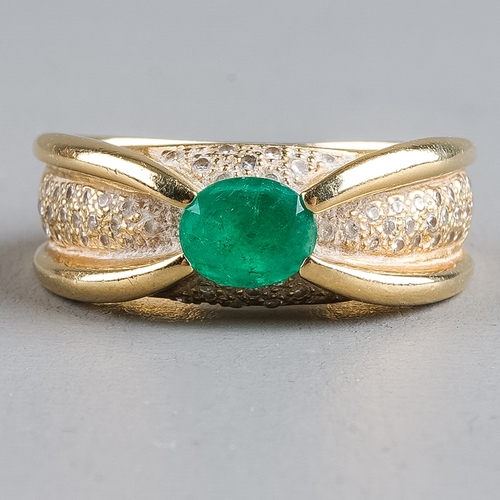 78 - A 14k yellow gold diamond and emerald ring, set with an oval-cut emerald, pave-set diamond diamonds,... 