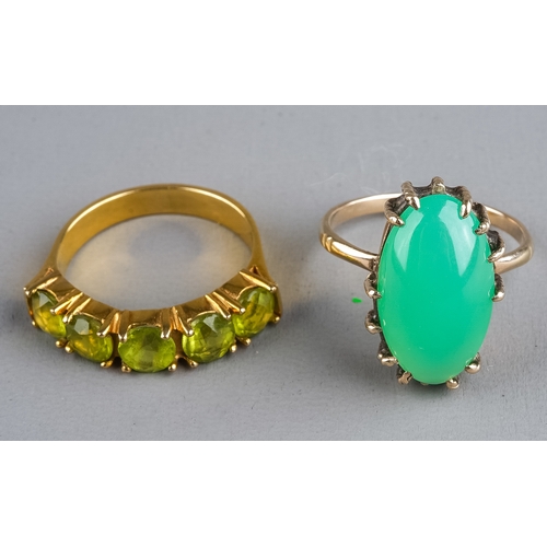 81 - A yellow metal and green chalcedony dress ring, set with an oval cabochon, ring size O1/2, unmarked ... 