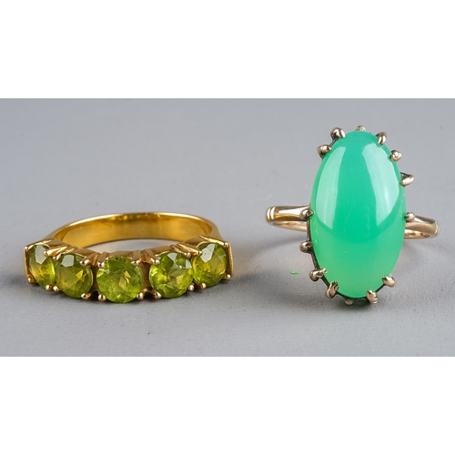 81 - A yellow metal and green chalcedony dress ring, set with an oval cabochon, ring size O1/2, unmarked ... 