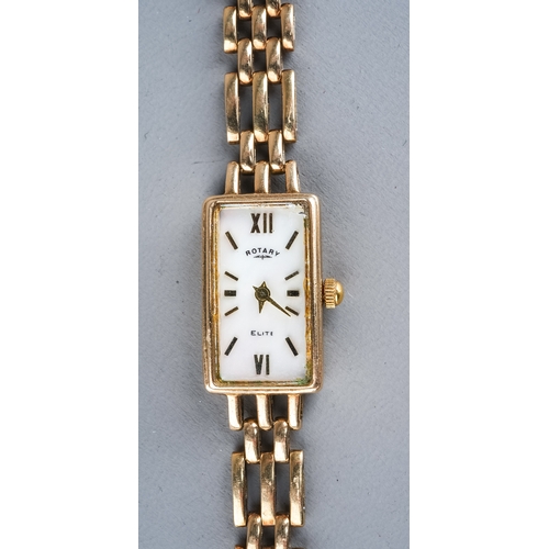 91 - A ladies 9ct yellow gold Rotary wristwatch, rectangular mother of pearl dial, gate link bracelet str... 