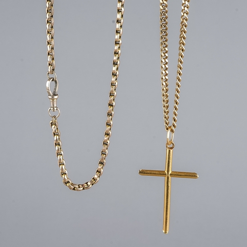 92 - A 9ct yellow gold flat curb link chain, approx 52cm long; a 9ct yellow gold cross pendant, approx 4.... 