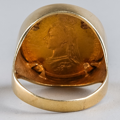 97 - An 1892 sovereign, mounted in a 9ct yellow gold ring, ring size 3, total gross weight approx 15.8g